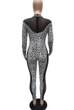 White Casual Print Leopard Patchwork O Neck Regular Jumpsuits