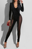 Black Fashion Sexy Patchwork Solid See-through V Neck Skinny Jumpsuits