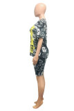 Black Polyester Fashion adult Street Letter Patchwork Print Two Piece Suits Straight Short Sleeve Two Pieces