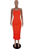 Orange Polyester Sexy Casual adult Pink Orange rose red Spaghetti Strap Sleeveless Slip Step Skirt Mid-Calf Patchwork Solid Draped Dresses