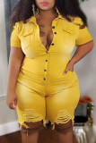 Yellow Fashion Solid Buttons Asymmetrical Turndown Collar Plus Size Jumpsuits