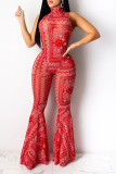 Red Network Sexy Print Mesh perspective HOLLOWED OUT Boot Cut Sleeveless Two Pieces