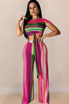 Pink Polyester Sexy Fashion Print Patchwork Short Sleeve Two-piece Pants Set