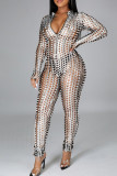 Silver Solid Ripped Hollowed Out See-through O Neck Regular Jumpsuits