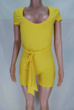 Black Fashion Sexy Patchwork bandage Solid Short Sleeve V Neck Rompers