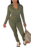 Army Green Fashion Casual Adult Polyester Solid Split Joint V Neck Long Sleeve Regular Sleeve Short Two Pieces