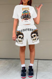 White Fashion Casual Print Basic O Neck Short Sleeve Two Pieces