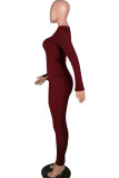 Wine Red Casual Solid Two Piece Suits Straight Long Sleeve Two-piece Pants Set