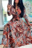 Red Fashion Casual Print Basic Turndown Collar Long Sleeve Dresses