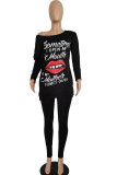 Black Fashion Sexy Adult Polyester Print Letter One Shoulder Long Sleeve Batwing Sleeve Regular Two Pieces