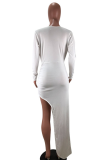 White Sexy Print Split Joint V Neck Irregular Dress Dresses
