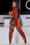 Red Sexy Print Two Piece Suits serpentine pencil Long Sleeve