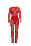 Red Sexy Solid Mesh O Neck Skinny Jumpsuits