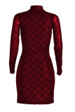 Wine Red Sexy Patchwork O Neck Wrapped Skirt Dresses