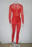 Red Fashion Sexy Patchwork Solid See-through O Neck Skinny Jumpsuits