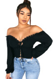 White V Neck Long Sleeve Patchwork crop top Solid