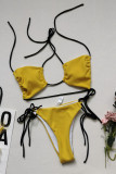 Yellow Fashion Sexy Print Solid Hollowed Out Backless Strap Design Swimwears