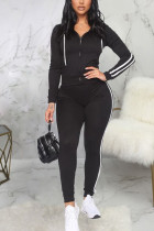 Black Fashion Sexy Adult Polyester Solid Split Joint Hooded Collar Long Sleeve Regular Sleeve Regular Two Pieces
