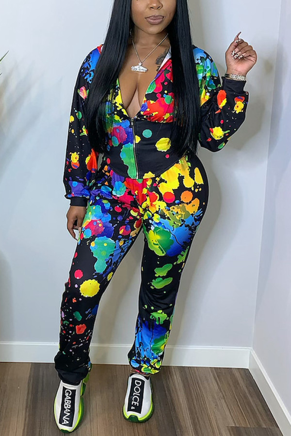 Black Fashion Casual Print Basic Hooded Collar Long Sleeve Two Pieces