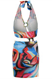Colour Fashion Sexy Print Backless Halter Printed Dress