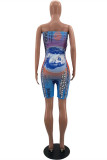Blue Fashion Sexy Print Backless Strapless Skinny Romper