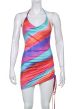 Multi-color Sexy Print Backless Fold Asymmetrical Spaghetti Strap Mini Dress Dresses
