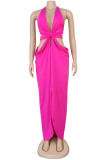 Rose Red Fashion Sexy Solid Hollowed Out Backless Slit Halter Sleeveless Dress