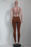 Pink Sexy Solid Hollowed Out Halter Skinny Jumpsuits