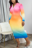 Multicolor Sexy Print Tie-dye Zipper Collar Pencil Skirt Dresses