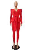 Wine Red Polyester Celebrities Fashion adult Stringy selvedge Patchwork Two Piece Suits ruffle Solid pencil L