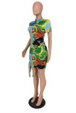 Green Fashion Casual Print Basic Zipper Collar Short Sleeve Dress
