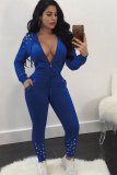 Dark Blue Drawstring Long Sleeve Mid Pearl Solid pencil Pants Two-piece suit