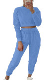 Baby Blue Fashion Casual Adult Solid Split Joint O Neck Long Sleeve Regular Sleeve Short Two Pieces
