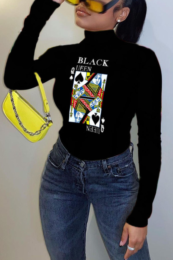 Black Casual Print Turtleneck Tops