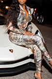 Tangerine Red Sexy Print Split Joint Zipper Collar Skinny Jumpsuits