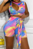 Multicolor Fashion Sexy Print Hollowed Out O Neck Regular Romper
