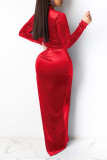 Red Fashion Sexy Patchwork Solid See-through Slit O Neck Long Sleeve Dresses