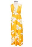 Yellow Polyester Sexy Fashion Tank Sleeveless V Neck A-Line Floor-Length Print Patchwork Club Dresses