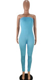 Sky Blue Fashion Casual Solid Milk. Sleeveless Wrapped Jumpsuits