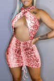 White Fashion Sexy Print Hollowed Out Backless Strap Design Sleeveless Dress