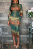 Multicolor Street Striped Patchwork O Neck Pencil Skirt Dresses