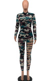 Camouflage Fashion Sexy Adult Twilled Satin Camouflage Print Ripped O Neck Skinny Jumpsuits