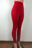 Red Polyester Elastic Fly Mid Solid Boot Cut Pants Bottoms