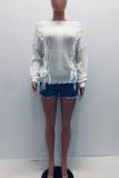 White One word collar Long Sleeve bow-knot HOLLOWED OUT Patchwork asymmetrical Solid Sweaters &