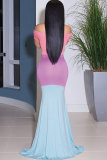 Pink Polyester Fashion Sexy Off The Shoulder Short Sleeves One word collar Princess Dress Floor-Length Pa
