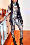 Multicolor Fashion Sexy Print See-through O Neck Long Sleeve Two Pieces
