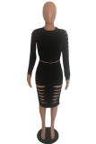 Black Sexy Fashion Cap Sleeve Long Sleeves O neck Hip skirt Knee-Length Two Piece Dresses