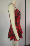 Red Fashion Sexy Plaid Print Backless Spaghetti Strap Sling Dress