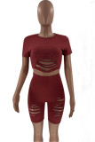 Blue Casual Solid Ripped Asymmetrical O Neck Short Sleeve Two Pieces