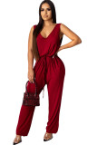 Wine Red Sexy Solid Sleeveless V Neck Jumpsuits